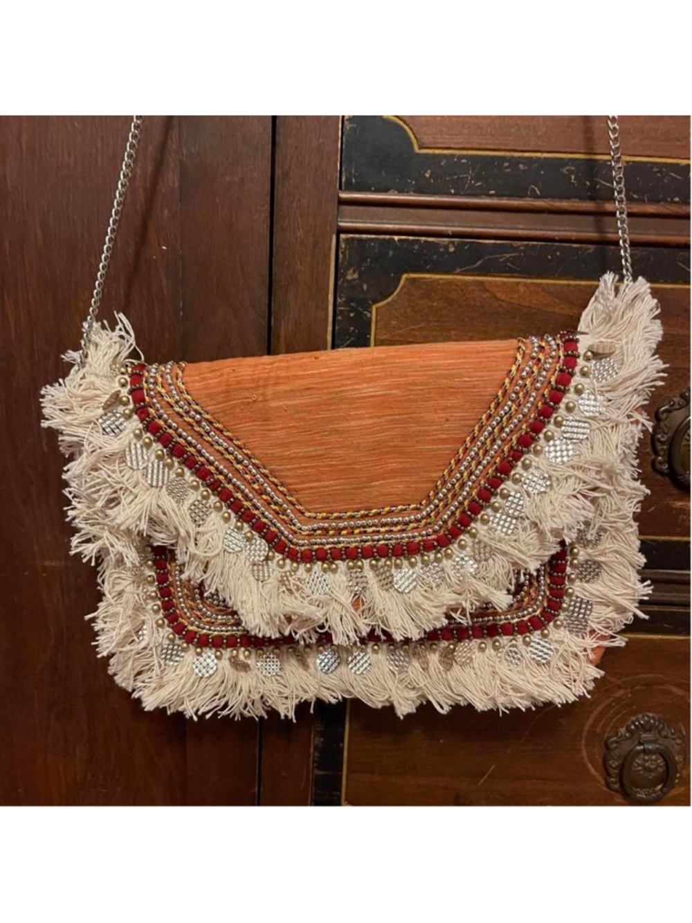 Versona orange & cream beaded fringe envelope purse with silver chain strap #fes